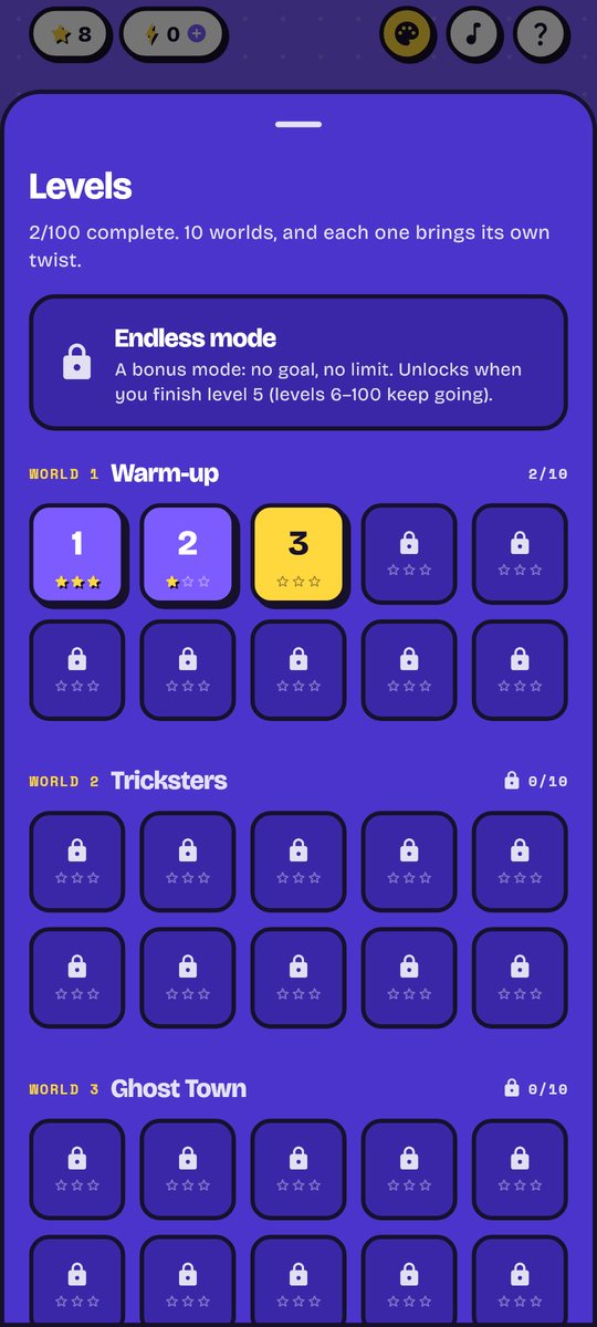 The levels screen, grouped into worlds