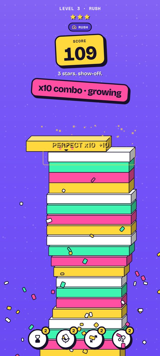 A tower of colourful blocks with a x10 combo