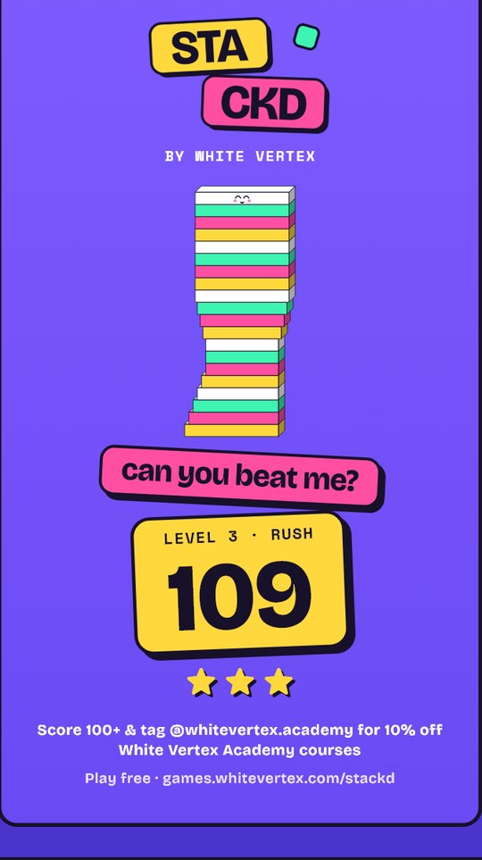 A Stackd share card: the tower, the score and 'can you beat me?'
