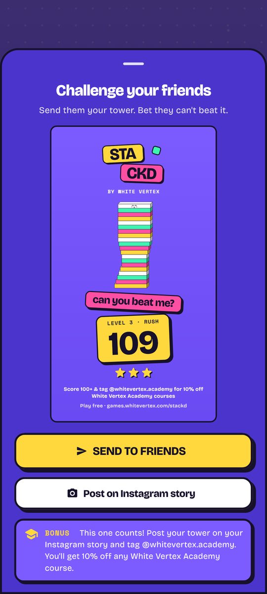 The Challenge your friends screen with the player's tower and score